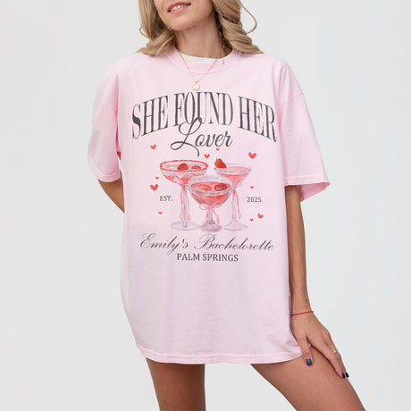 Blossom pink bachelorette shirt with "She Found Her Lover" design, perfect for bridal party, bridesmaid gifts, and girls trip celebrations