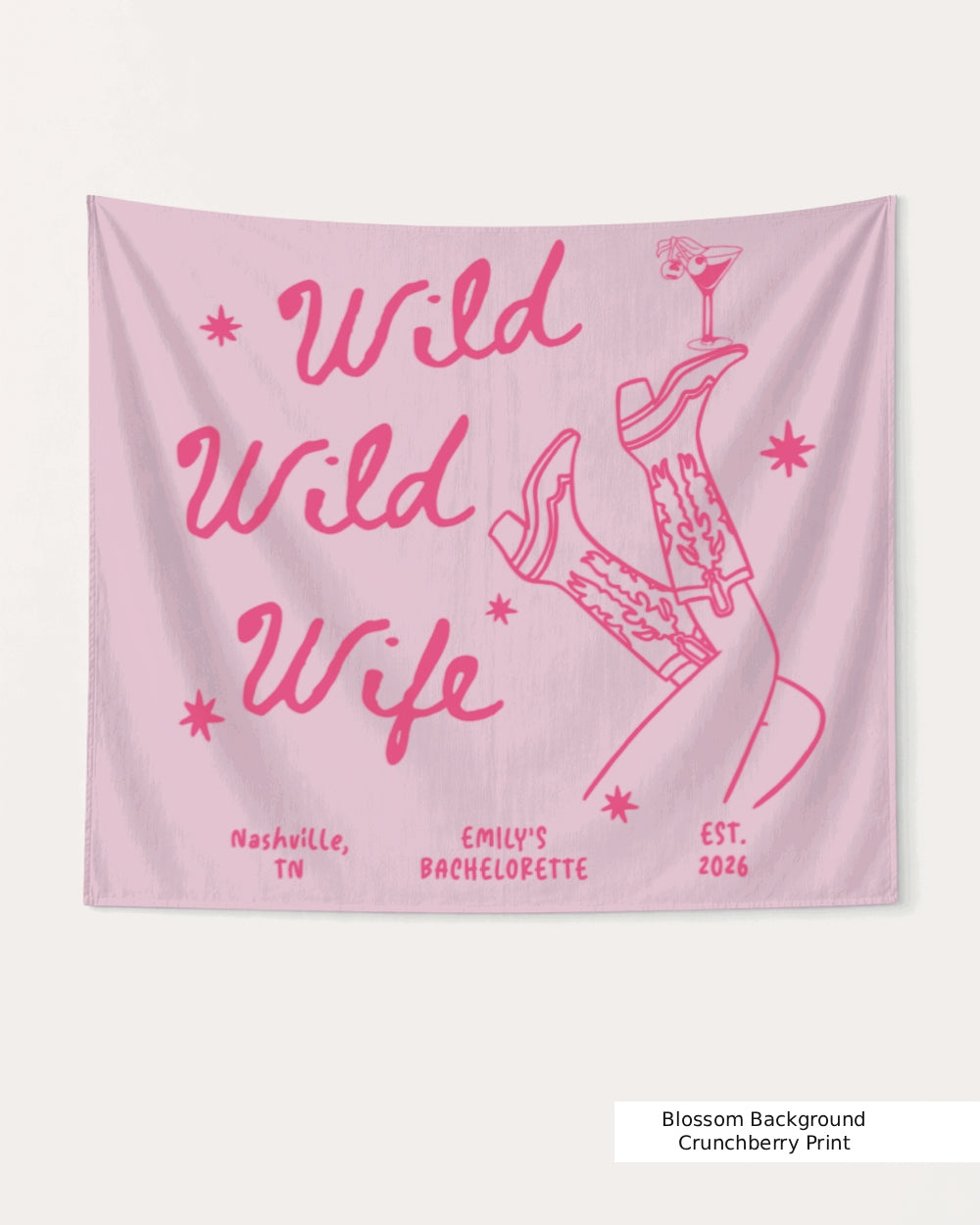 Gift idea for the bachelorette crew: Wild Wild Wife party banner with playful cowgirl and martini line art. Personalized with bride name, destination city, and weekend date.