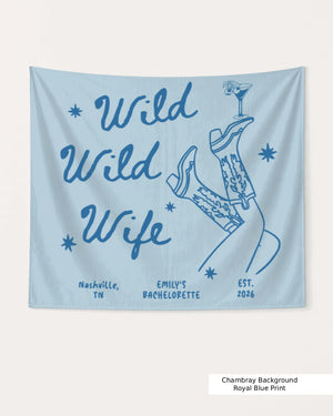 Personalized bachelorette party banner with bride name, city, and year in playful cowgirl script and line-art style. Custom Wild Wild Wife design for the whole crew's bachelorette weekend.