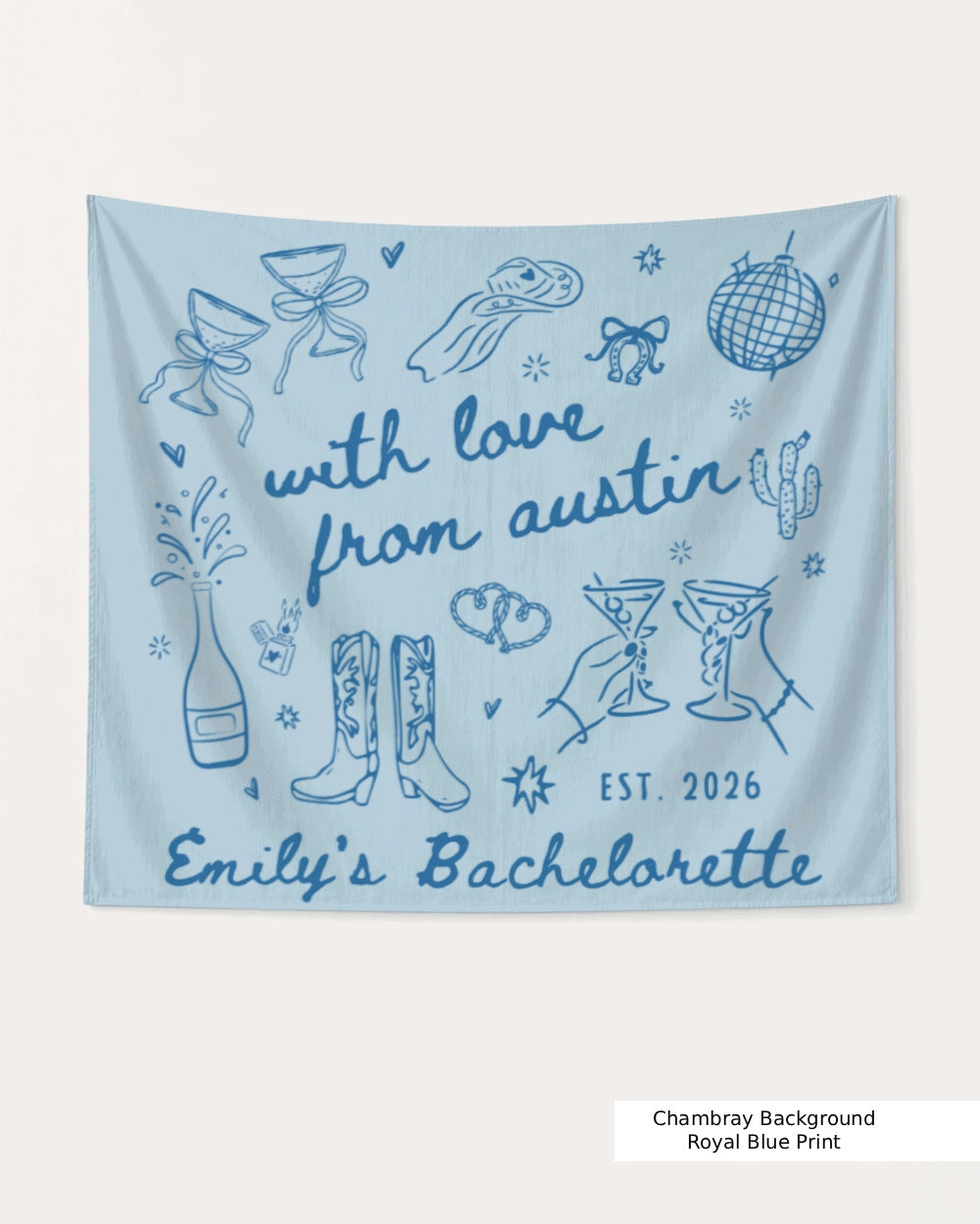 Personalized bachelorette party banner with bride name, EST. year, and destination city in whimsical doodle script. Custom With Love From banner for the weekend crew.