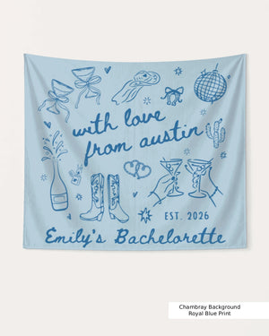 Personalized bachelorette party banner with bride name, EST. year, and destination city in whimsical doodle script. Custom With Love From banner for the weekend crew.