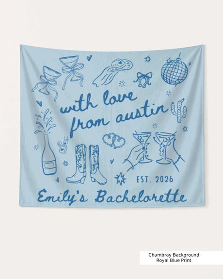 Personalized bachelorette party banner with bride name, EST. year, and destination city in whimsical doodle script. Custom With Love From banner for the weekend crew.