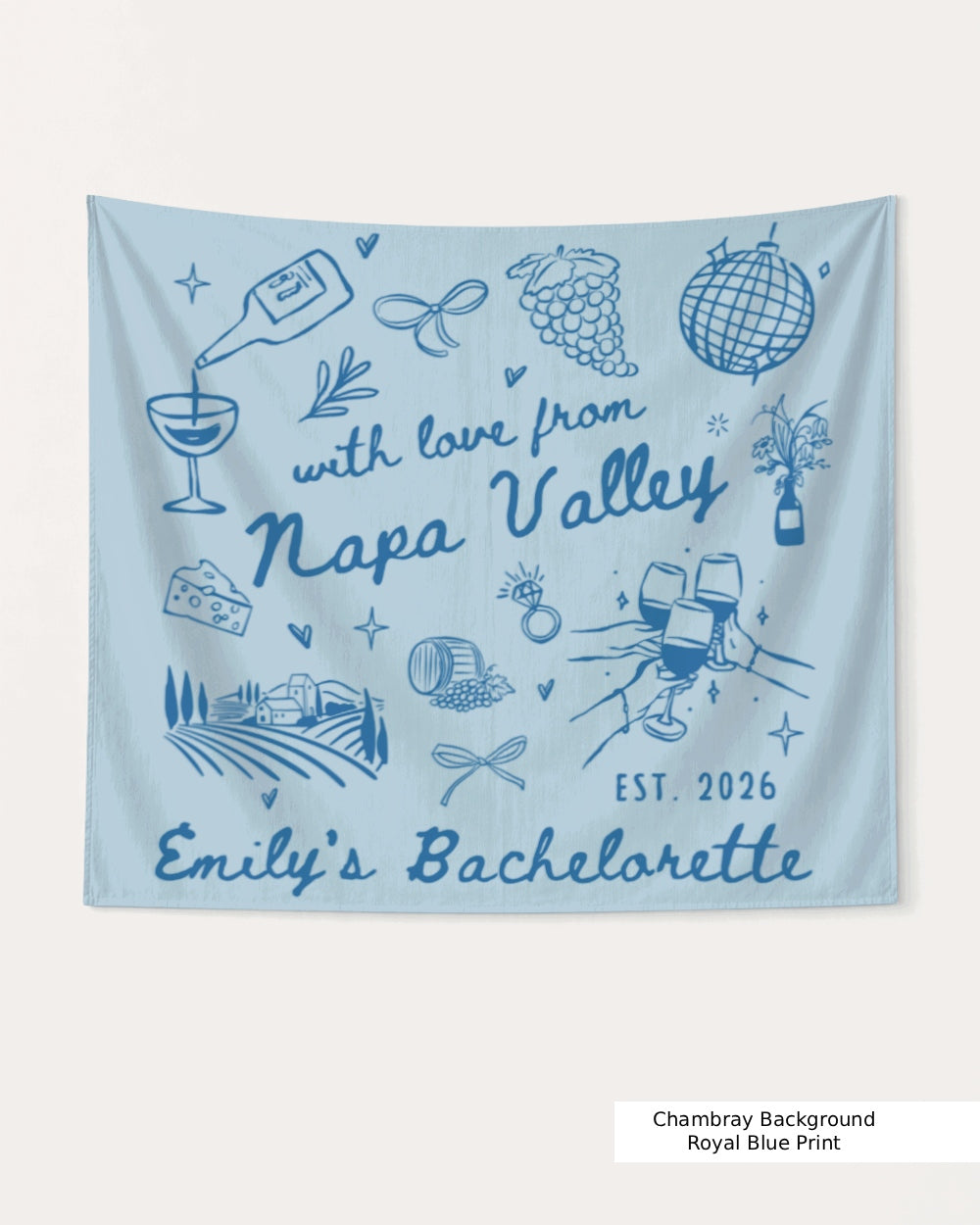Personalized bachelorette weekend banner with bride name, year, and destination city, minimalist line-art doodle script design. Custom keepsake for the bridal party or gift for the bride.