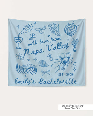 Personalized bachelorette weekend banner with bride name, year, and destination city, minimalist line-art doodle script design. Custom keepsake for the bridal party or gift for the bride.
