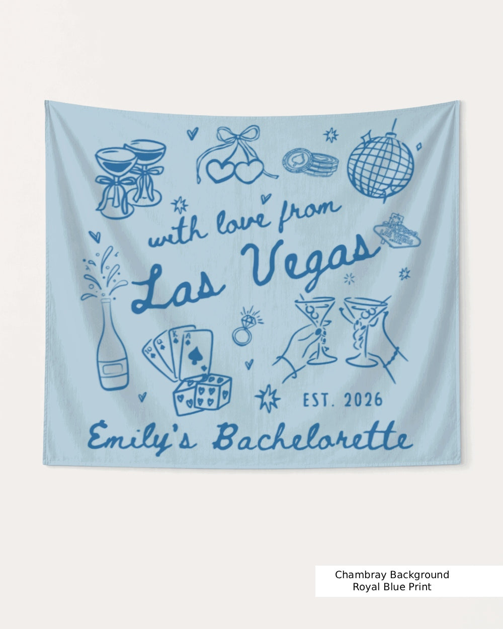 Personalized bachelorette banner with bride name, destination city, and year in hand-drawn doodle style. Custom Las Vegas bachelorette party decor for the whole crew.