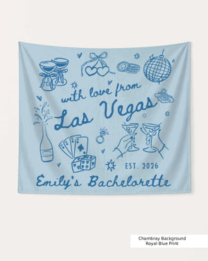 Personalized bachelorette banner with bride name, destination city, and year in hand-drawn doodle style. Custom Las Vegas bachelorette party decor for the whole crew.