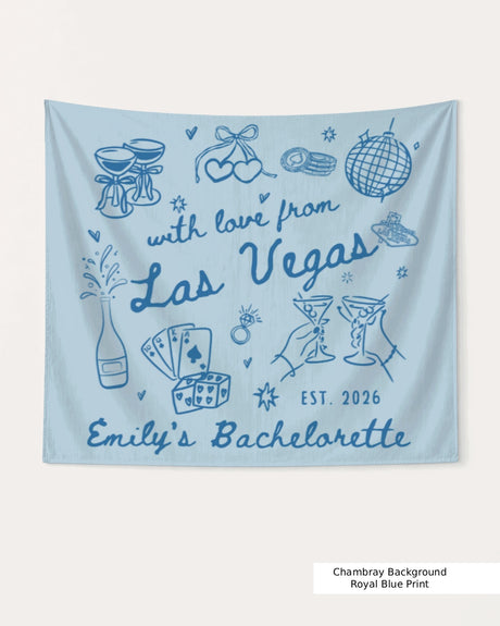 Personalized bachelorette banner with bride name, destination city, and year in hand-drawn doodle style. Custom Las Vegas bachelorette party decor for the whole crew.
