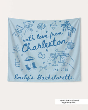 Personalized bachelorette weekend banner with city name, year, and bride name in hand-drawn doodle script. Custom party decor for the bride's crew at any destination.