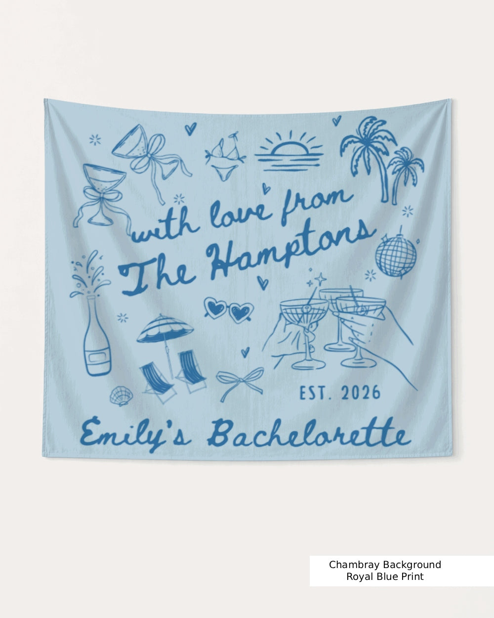 Gift idea for the bachelorette crew: Hamptons-themed party banner with minimalist doodle art. Personalized with bride name, year, and destination for a custom bachelorette weekend display.