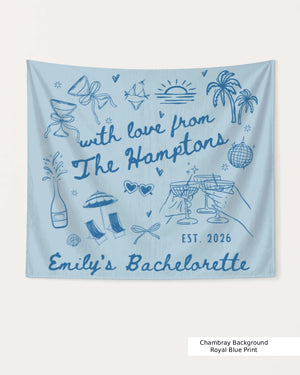 Gift idea for the bachelorette crew: Hamptons-themed party banner with minimalist doodle art. Personalized with bride name, year, and destination for a custom bachelorette weekend display.