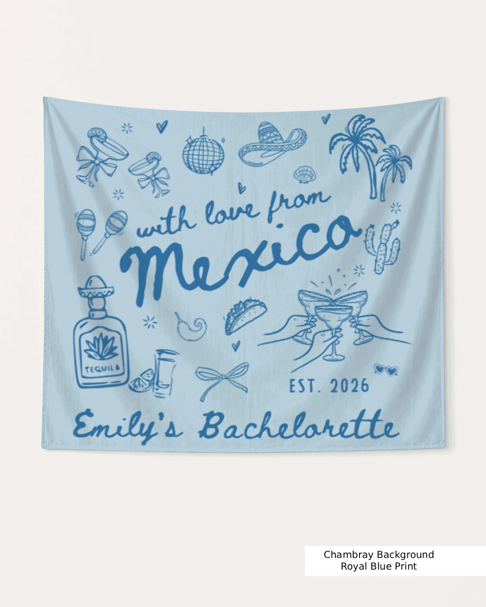 Personalized Mexico bachelorette banner with bride name, year, and destination customizable. Hand-drawn line-art style party decor for a destination bachelorette weekend south of the border.