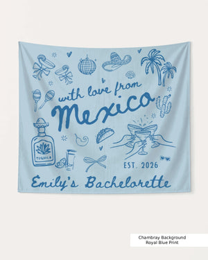 Personalized Mexico bachelorette banner with bride name, year, and destination customizable. Hand-drawn line-art style party decor for a destination bachelorette weekend south of the border.