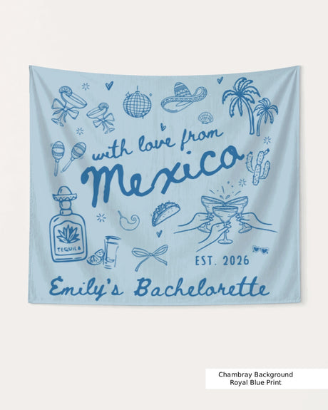 Personalized Mexico bachelorette banner with bride name, year, and destination customizable. Hand-drawn line-art style party decor for a destination bachelorette weekend south of the border.