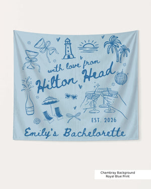 Personalized bachelorette weekend banner with bride name, destination city, and year in whimsical line-art doodle style. Custom party decor for the Hilton Head bridal crew.