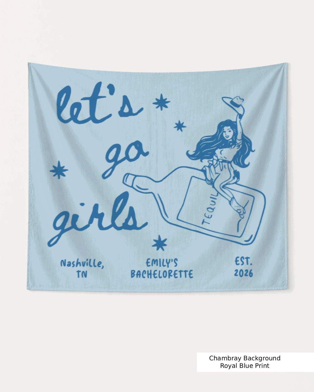 Personalized bachelorette bottle banner with bride name, year, and destination city in vintage cowgirl script. Let's Go Girls theme, customizable for any Nashville or destination bachelorette weekend.