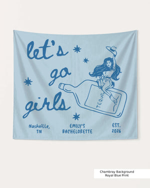 Personalized bachelorette bottle banner with bride name, year, and destination city in vintage cowgirl script. Let's Go Girls theme, customizable for any Nashville or destination bachelorette weekend.