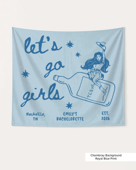 Personalized bachelorette bottle banner with bride name, year, and destination city in vintage cowgirl script. Let's Go Girls theme, customizable for any Nashville or destination bachelorette weekend.