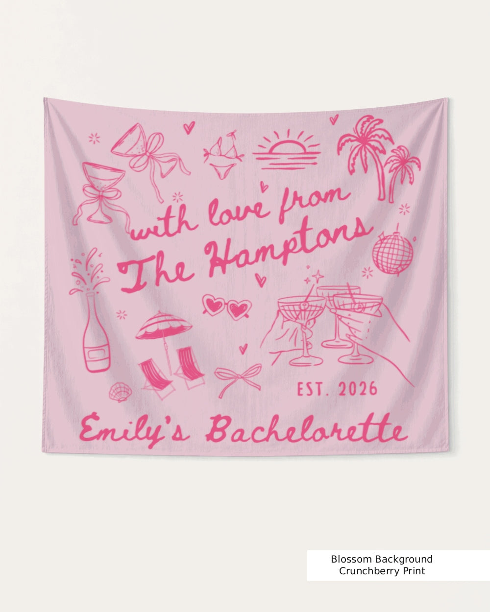 Bride and bachelorette crew banner for a Hamptons weekend party. Minimalist doodle art with playful icons, personalized with bride name, destination, and year for the full bridal squad.