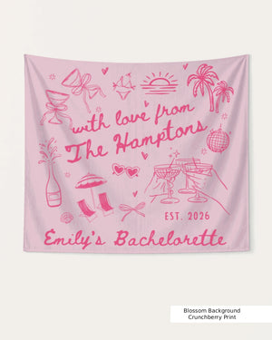 Bride and bachelorette crew banner for a Hamptons weekend party. Minimalist doodle art with playful icons, personalized with bride name, destination, and year for the full bridal squad.