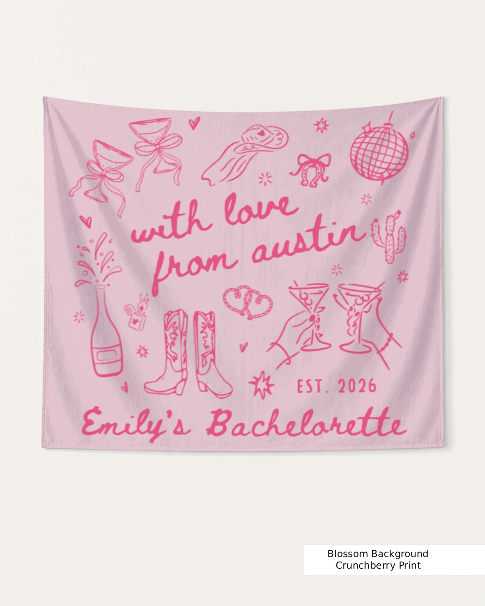 Gift idea for the bachelorette crew: Austin weekend banner with whimsical doodle art and script lettering. Personalized with bride name, destination city, and EST. date for any bachelorette trip.