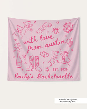 Gift idea for the bachelorette crew: Austin weekend banner with whimsical doodle art and script lettering. Personalized with bride name, destination city, and EST. date for any bachelorette trip.