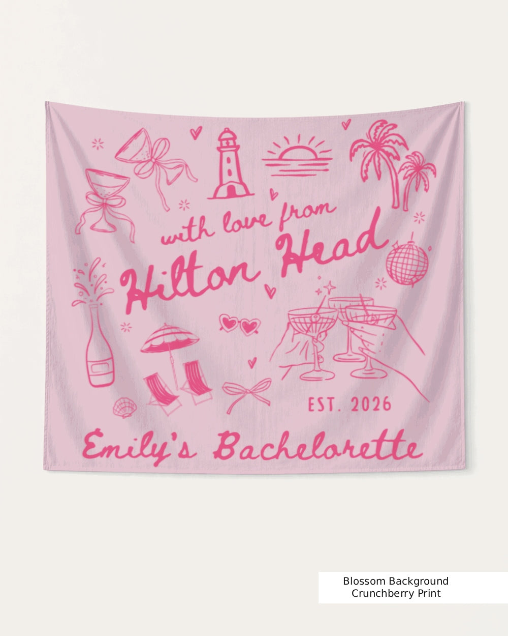 Gift idea for the bachelorette crew: a Hilton Head weekend banner with whimsical line-art doodles and hand-drawn script. Personalized with bride name, destination, and year.
