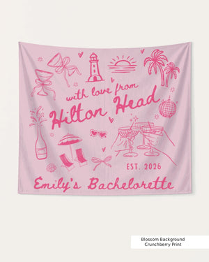Gift idea for the bachelorette crew: a Hilton Head weekend banner with whimsical line-art doodles and hand-drawn script. Personalized with bride name, destination, and year.