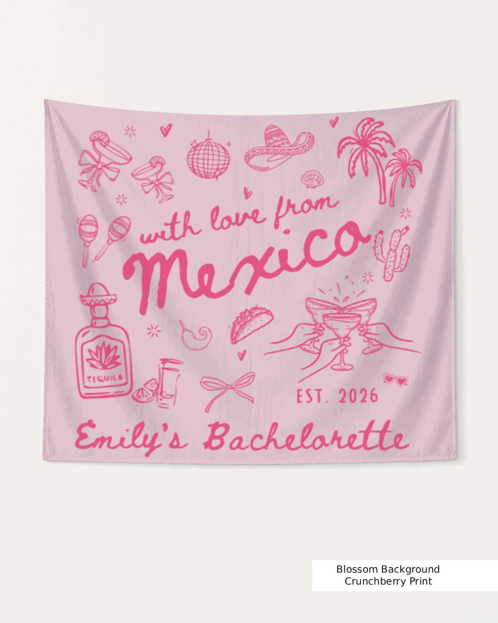 Gift idea for a Mexico bachelorette crew: personalized party banner with bride name, year, and destination. Hand-drawn vintage line-art style, customizable for any Mexico weekend getaway.