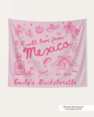 Gift idea for a Mexico bachelorette crew: personalized party banner with bride name, year, and destination. Hand-drawn vintage line-art style, customizable for any Mexico weekend getaway.