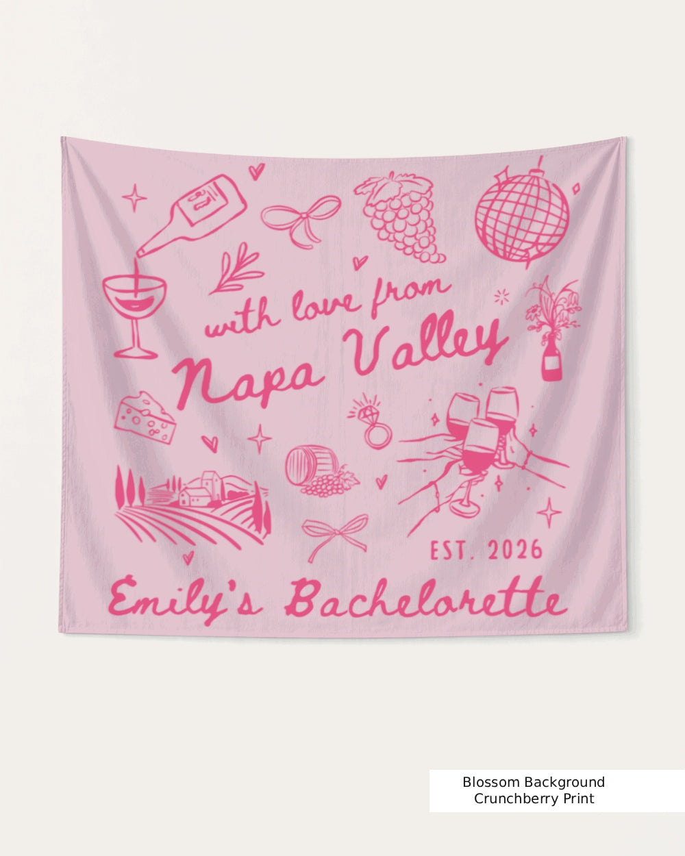Gift idea for the bachelorette crew: Napa Valley weekend banner with minimalist wine-country doodles and script lettering. Personalized with bride name, destination, and year.