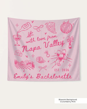 Gift idea for the bachelorette crew: Napa Valley weekend banner with minimalist wine-country doodles and script lettering. Personalized with bride name, destination, and year.