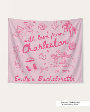 Gift idea for the bachelorette crew: Charleston-themed party banner with hand-drawn doodle art and script lettering. Personalized with bride name, destination city, and wedding year.