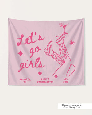 Bachelorette party banner gift idea with vintage boots and martini line art, cursive script bachelorette theme. Personalized with bride name, destination city, and year for the full crew celebration.