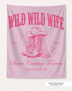 Gift idea for the cowgirl bride: Wild Wild Wife bachelorette party banner with vintage western illustration and script lettering. Personalized with bride name, year, and destination city for the whole crew.