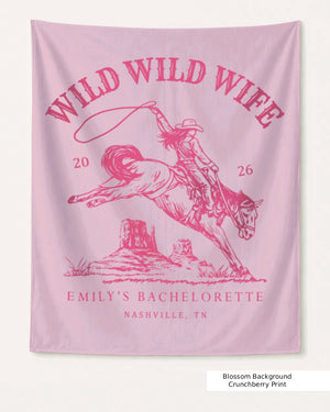 Personalized bachelorette banner with Wild Wild Wife vintage western design. Add the bride's name, year, and destination city for a one-of-a-kind rodeo-themed party decoration.
