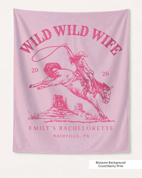Personalized bachelorette banner with Wild Wild Wife vintage western design. Add the bride's name, year, and destination city for a one-of-a-kind rodeo-themed party decoration.