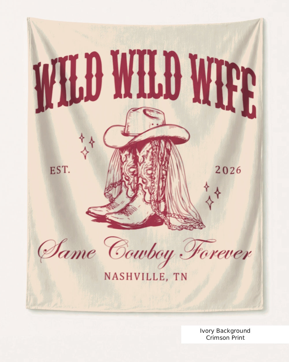 Personalized Wild Wild Wife bachelorette banner with bride name, year, and city customizable. Vintage western script design for cowgirl bachelorette party decor, Nashville or any destination.