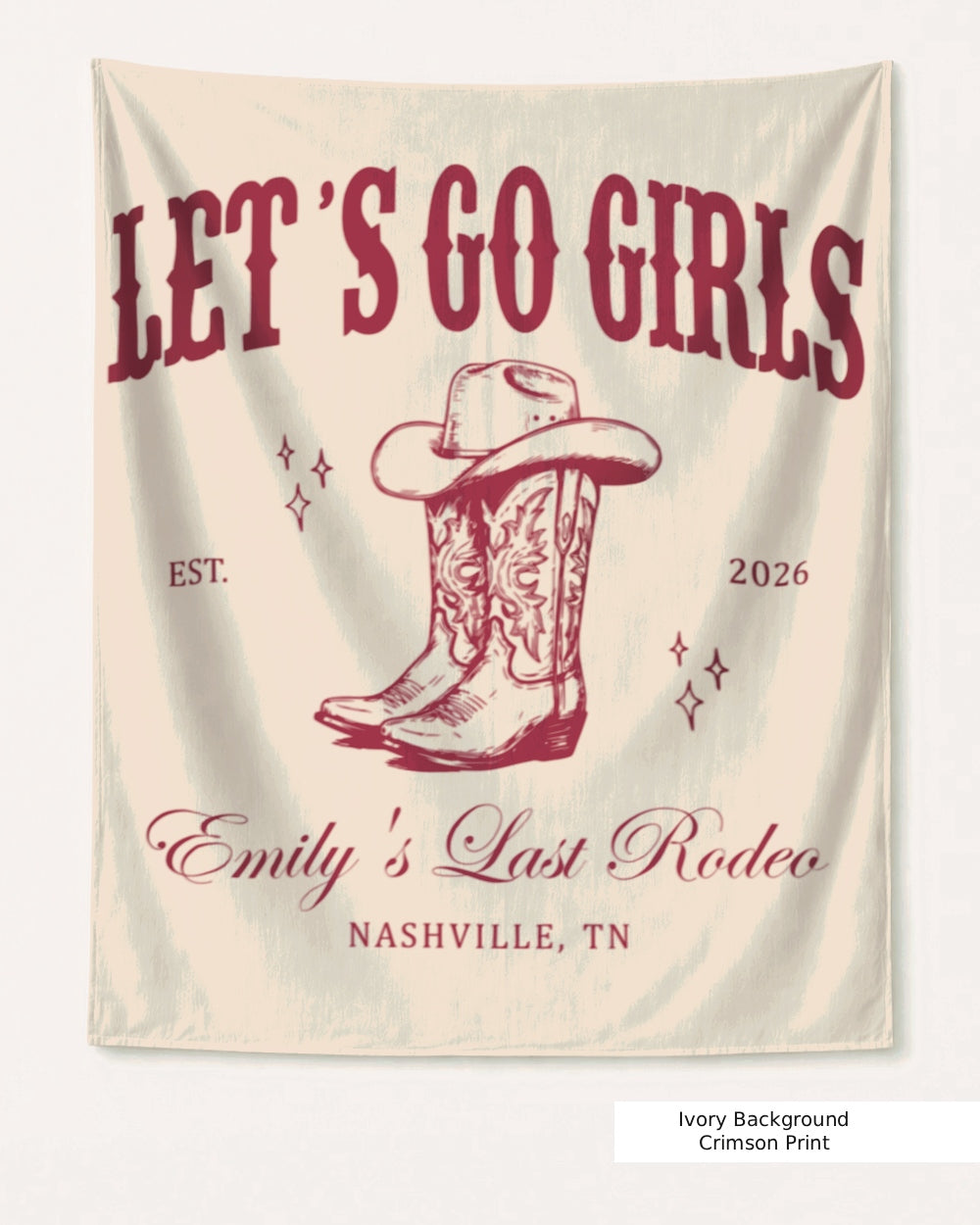 Personalized bachelorette party banner with bride name, year, event title, and city customizable. Country western theme with vintage script typography, cowboy boot and hat motifs for Nashville or any destination rodeo weekend.
