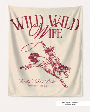 Gift idea for the bachelorette crew: Wild Wild Wife cowgirl banner with vintage rodeo illustration and script lettering. Personalized with bride name, date, and destination city.