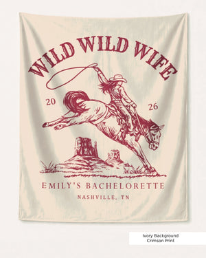 Gift idea for the bride-to-be: Wild Wild Wife bachelorette banner with vintage western art. Personalized with bride name, year, and destination city for the whole crew.