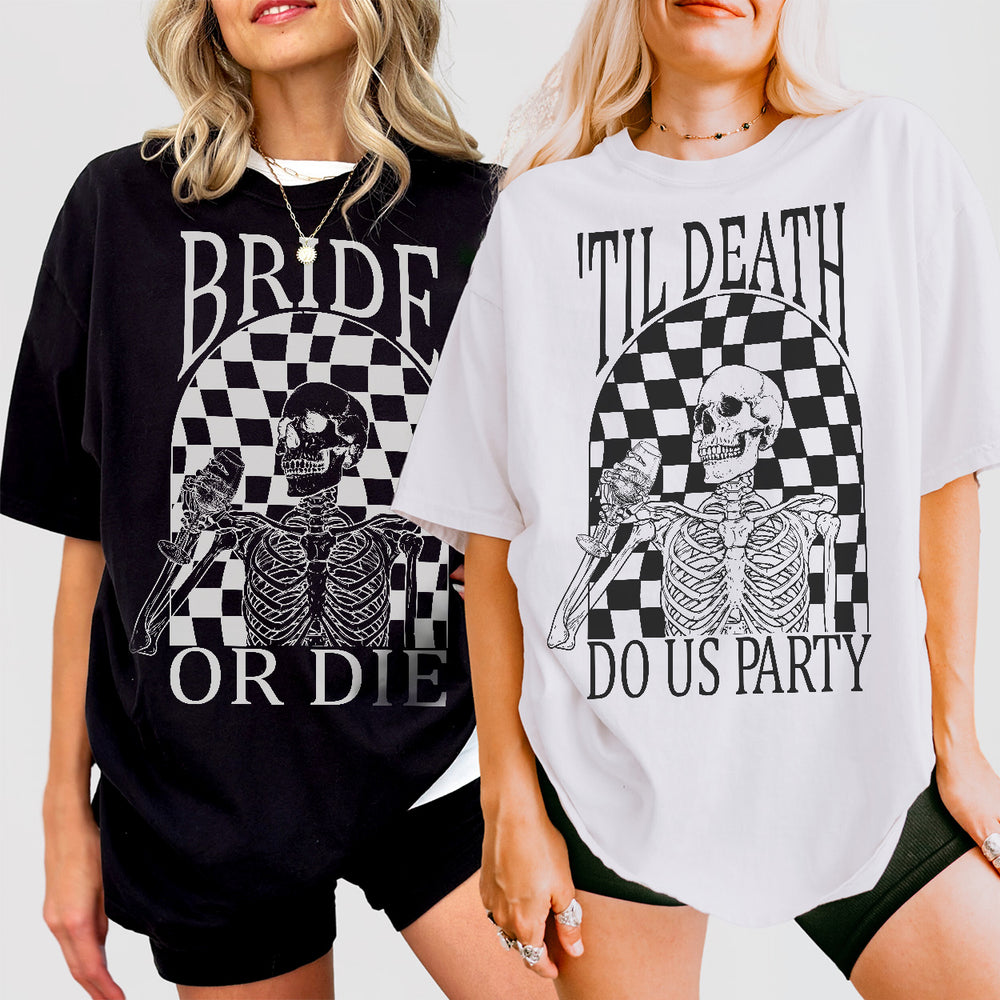 Matching bride and bridesmaids witch shirts for a Halloween-themed funny bachelorette party or bridal shower with "Til Death Do Us Party Bach Bride Or Die" design