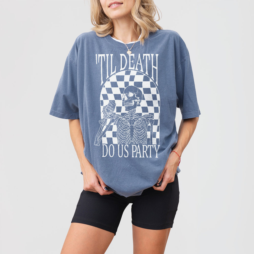 Bride or die funny bachelorette party witch shirt in blue jean color, perfect for a spooky Halloween wedding or bridal party matching tees