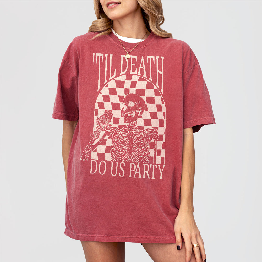 Crimson cotton bachelorette party shirt with humorous "Til Death Do Us Party" slogan and witch design for Halloween themed bridal celebration
