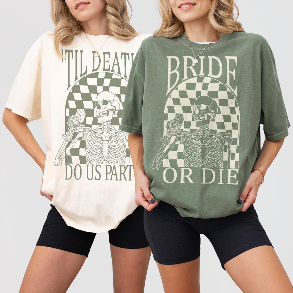 Matching Halloween-themed bachelorette party shirts for the bridal party with a funny "til death do us party" bride and witch design