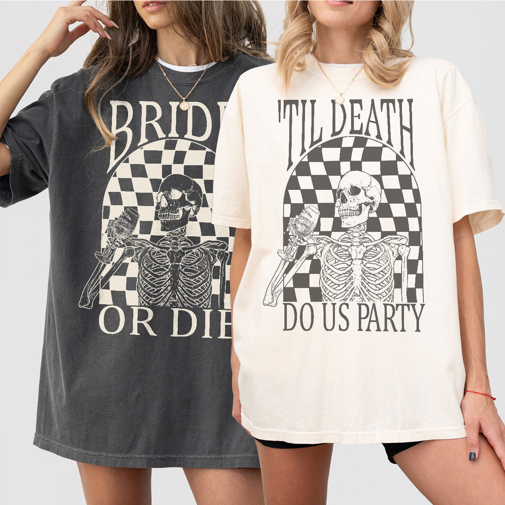 Matching witch-themed bachelorette party shirts with a humorous "Til Death Do Us Party" slogan for the bride and bridal party