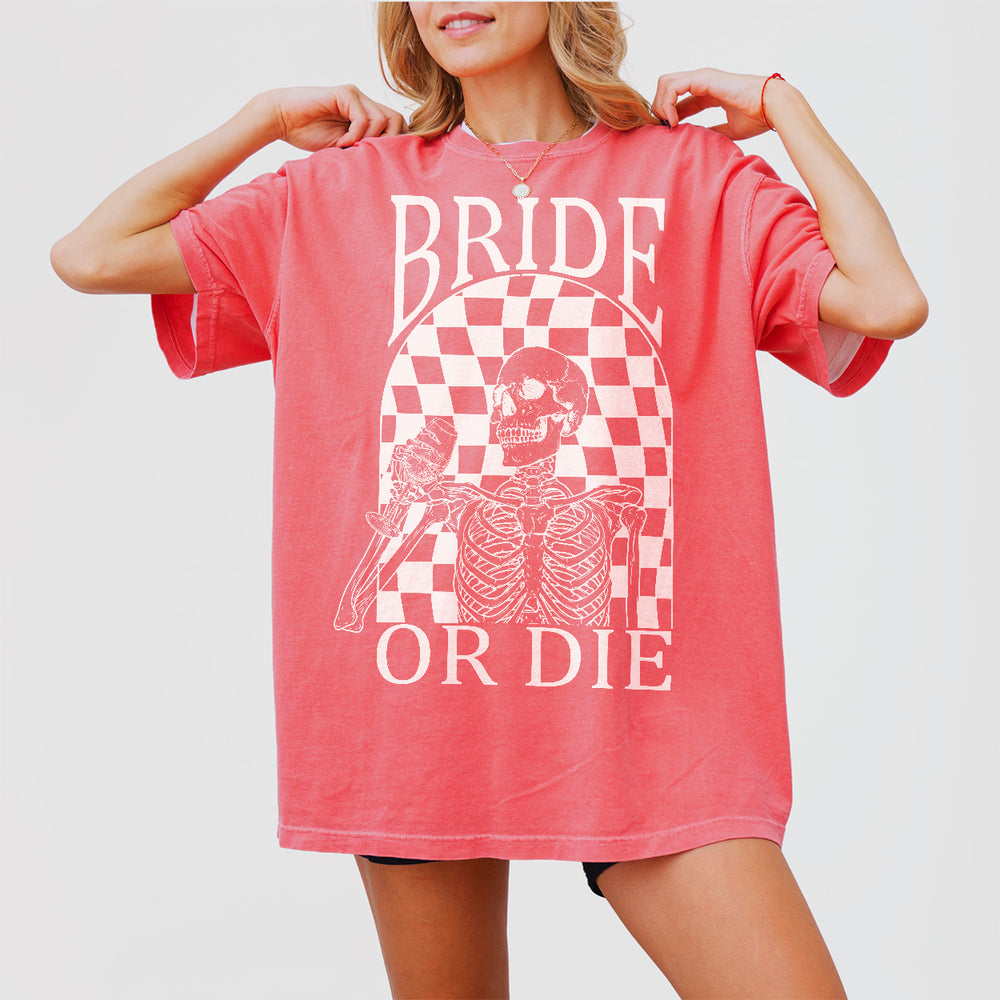 Fun watermelon red shirt with "Til Death Do Us Party" slogan - perfect bride or bachelorette party tee for Halloween weddings or spooky bridal events