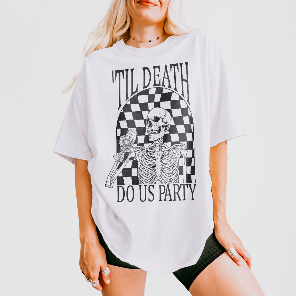 Funny bachelorette party shirt with "Til Death Do Us Party Bach Bride Or Die" slogan for the bride-to-be and bridal party matching
