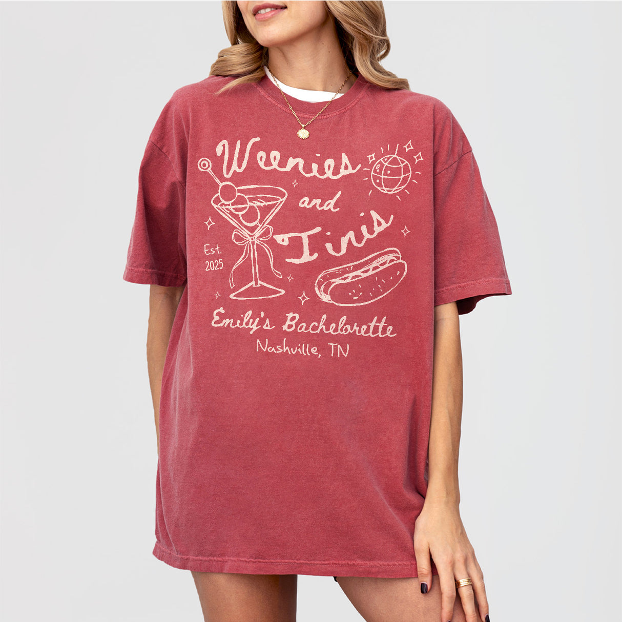 Weenies and Martinis Bachelorette Comfort Colors Shirt Custom Weenies and Tinis Bachelorette Party T Shirt Hot dog Martini Hens Do Outfits - Crimson Product Image