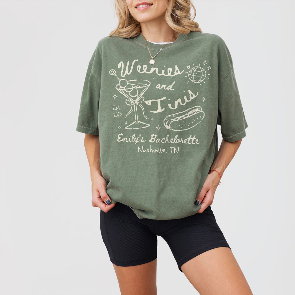 Weenies and Martinis Bachelorette Comfort Colors Shirt Custom Weenies and Tinis Bachelorette Party T Shirt Hot dog Martini Hens Do Outfits - Moss Product Image