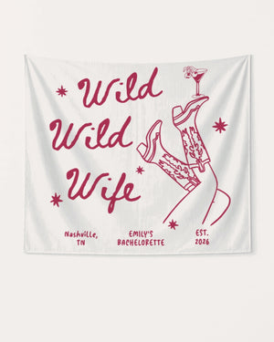 Boxy bachelorette party banner with Wild Wild Wife cowgirl and martini line art. Personalized with bride name, destination city, and year for the full weekend crew.